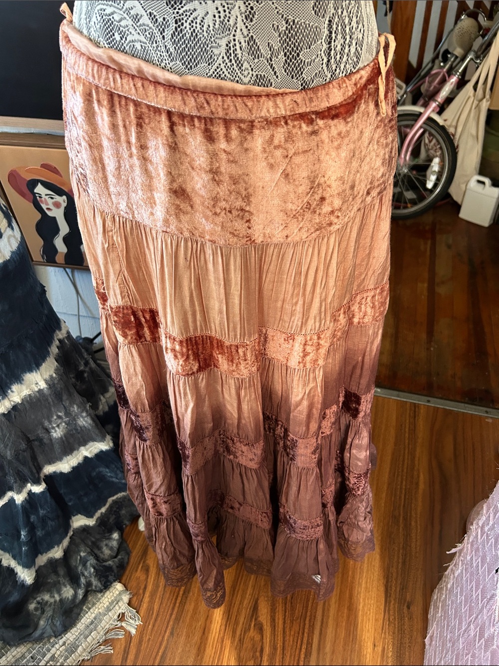 Younique Rose Brown Velvet-Trim Tiered Maxi Skirt